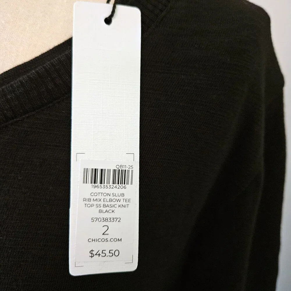 Chicos Slub Elbow-Sleeve Tee Black New With Tags Size Large - Picture 8 of 8